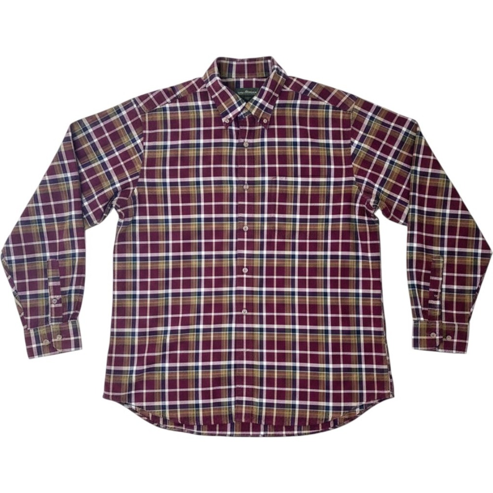 Eddie Bauer Button Down Mens XL‎ Burgundy Plaid Cotton Flannel Shirt Long Sleeve